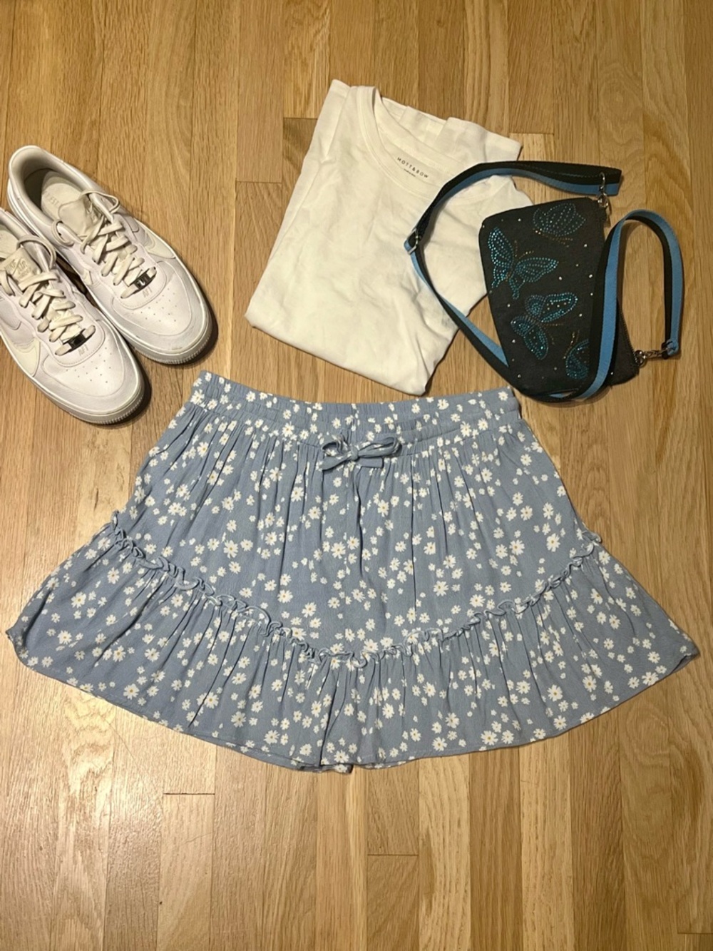Mittoshop Daisy Floral Ruffle Mini Skirt Skort Blue White Size M Cottagecore BTC